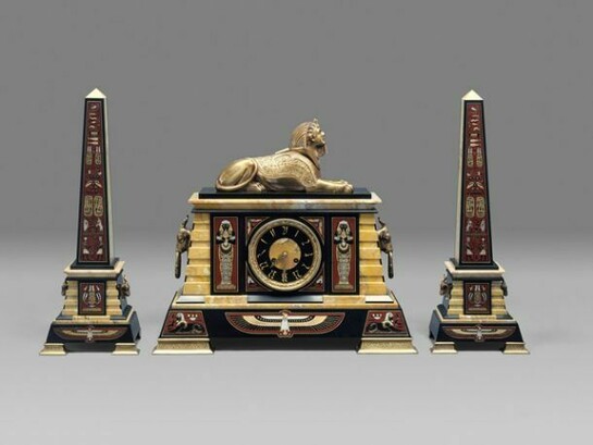 This work on view beginning January 15, 2014. Clock and obelisk mantel set. Tiffany & Co. (American, New York), ca. 1885, Marble, bronze. The Metropolitan Museum of Art, The Edgar J. Kaufmann Charitable Foundation Gift, 1968, (68.97.4-.6). Image: © The Metropolitan Museum of Art, New York