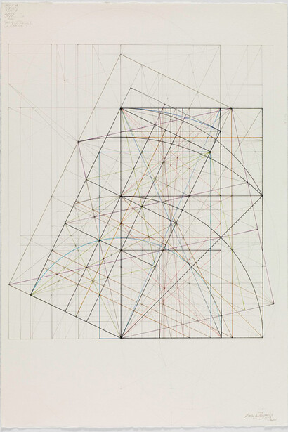 Mark Reynolds, Phi Root Two Series: The Mu and the Nu, Several Views, 1.11.14, 2014, Graphite and colored inks on cotton paper, 21.75 x 14.125 inches