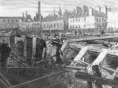 I lavori a Farringdon a seguito delle inondazioni dalla rete fognaria della flotta nel giugno 1862