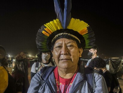 Davi Kopemawa Yanomami at the Fight for Life Camp, Brasilia, Brazil, August 24, 2021, ph. Kamikia Kisedje