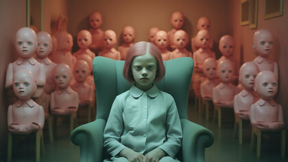 Individuality with a vibrant image of a girl sporting pink hair surrounded by dolls, challenging societal norms in a visually compelling narrative