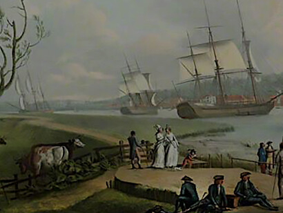 A detail from Robert Dodd's painting in oils "Greenwich from the Isle of Dogs", cropped to show a part of the Isle of Dogs of which no other 18th century image exists