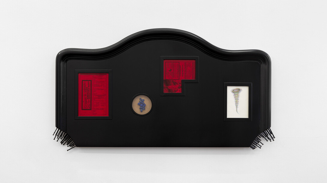 Headboard Trial
2021
found headboard, steel nails, oil paint, acrylic, found paper, steel, glue, color pencil and marker on paper, found azurite stones
75 × 134 cm