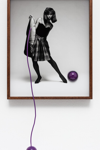 Elad Lassry, Untitled (Woman B), 2015 (detail). Silver gelatin print, wire, plastic, walnut frame, 21 1/2 x 11 1/2 x 2 1/2 inches