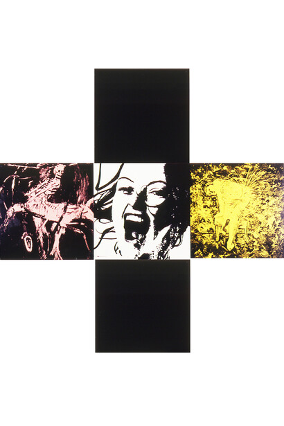 Gretchen Bender, 1951-2004, Untitled (The Pleasure is Back) 1982, Five parts; photo silkscreen print on enamel sign tin, support: 610 x 610 mm, each panel
displayed: 1829 x 1829 mm, © Estate of Gretchen Bender. Image courtesy of The Mint Museum, Charlotte, NC.
 
