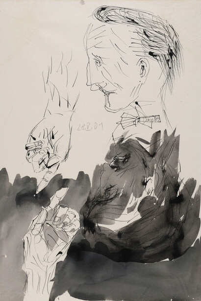 Georg Baselitz (b. Deutschbaselitz,
Germany, 1938 – ). Sans titre (Marcel
Duchamp) (Untitled [Marcel
Duchamp]), 2001. Pen, India ink,
and wash of India ink on paper, 778 x
575 mm. Inv. no. EBA 5367. Paris,
Ecole nationale supérieure des beauxarts.
© Beaux-arts de Paris/T.
Ollivier/J.-M. Lapelerie. © Georg
Baselitz, 2015.