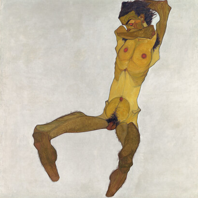 Egon Schiele, (1890 – 1918), Sitzender Männerakt (Selbstdarstellung), sogenannter „Gelber Akt“, 1910, Ausschnitt, Öl auf Leinwand, 152,5 x 150 cm, Leopold Museum, Wien, Foto: Leopold Museum, Wien/Manfred Thumberger