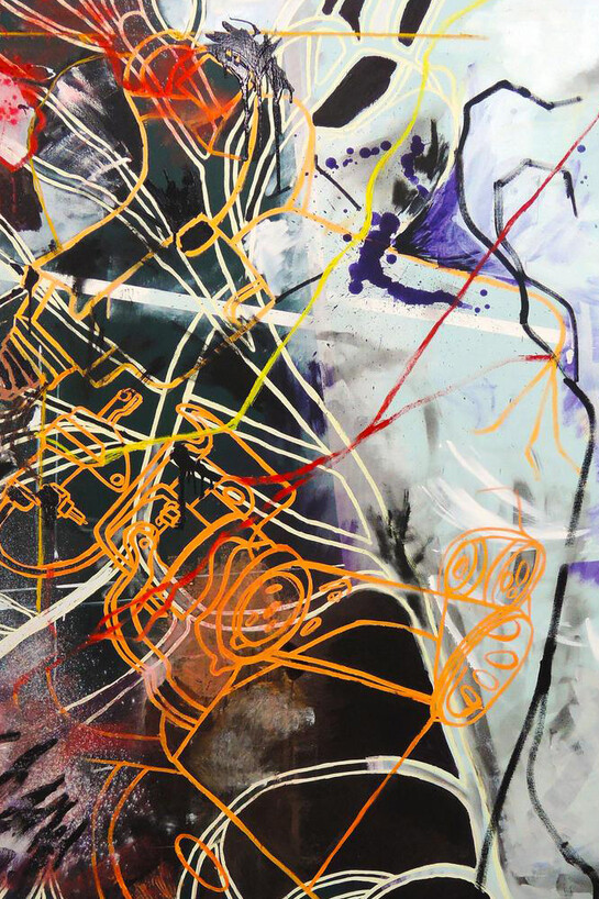 Lydia Dona. The Electrical Sagas of Boroughs, 2015. Oil, acrylic, sign paint, and pigment powder on canvas, 84 x 64 in.