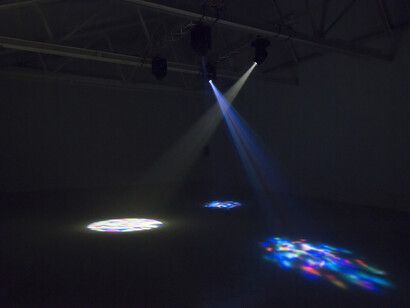 Kristin Oppenheim, White Rabbit, 2015, Theatrical light and sound Installation: 4 theatrical lights, 4 gobo lenses, light board, digital light file, audio equipment, and digital song file. Bass and guitar by Tony Fennell, drums and percussions by Drew Vogelman, vocals by Erin Carden and Kristin Oppenheim, 3 min (looped), Photo: Marcus Leith. Courtesy of greengrassi, London, Photo: Julius Getty. Courtesy of greengrassi, London