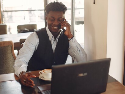 A man talking about his business to a client