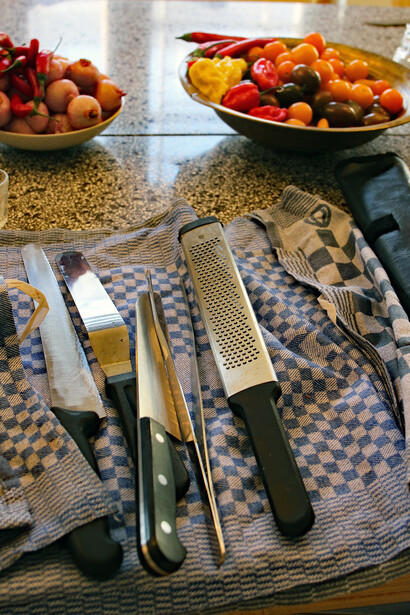 Preparations in Tali Friedman's kitchen, chef knives. Photo by Carrie Hart