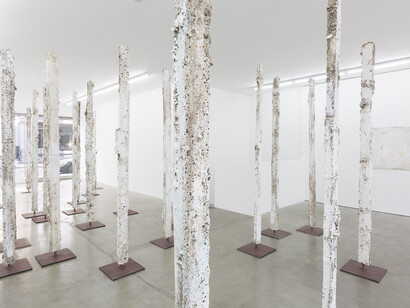 Installation view of Jodie Carey's exhibition. Stand, 2017 Plaster, steel, earth, paint and colouring pencil. Dimensions Variable. Copyright Will Amlot. Courtesy Edel Assanti.