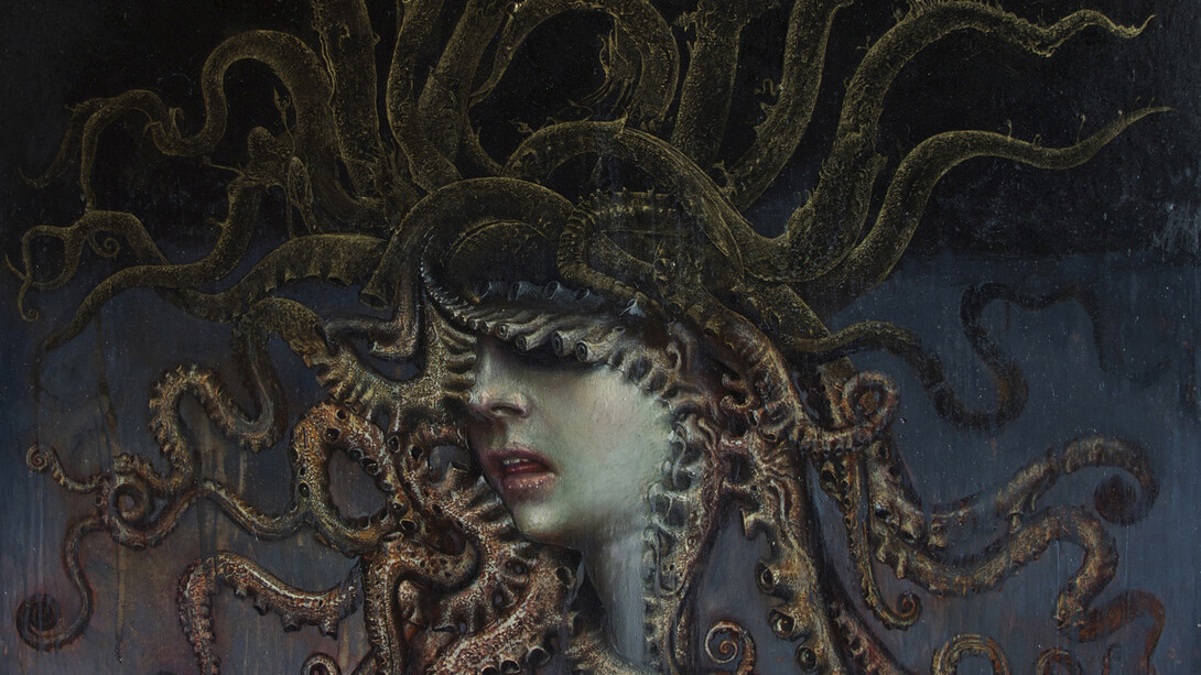 Agostino Arrivabene, Medusa. olio,foglia d'oro, su lino trasportato su legno cm 44 x 40,5
