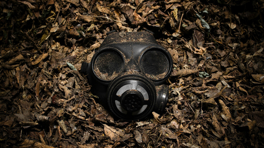 A gas mask among dead leaves represents the futility of ensuring survival through war