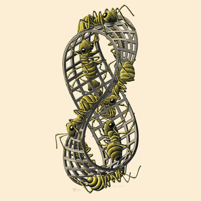 Maurits Cornelis Escher, Nastro di Möbius II 1963 xilografia colorata cm 45,3 x 20,5 Collezione Federico Giudiceandrea. All M.C. Escher works © 2014 The
M.C. Escher Company. All rights reserved