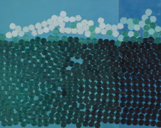 Wilhelmina Barns-Graham, Green and White Disks on Turquoise – Wind on Waves Series No.1, 1970. Courtesy of Waterhouse & Dodd