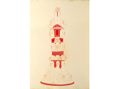 May Stevens, Fireplug Fountain Monument, Gouache and ink on paper, 40 1/4 x 28 3/4 in