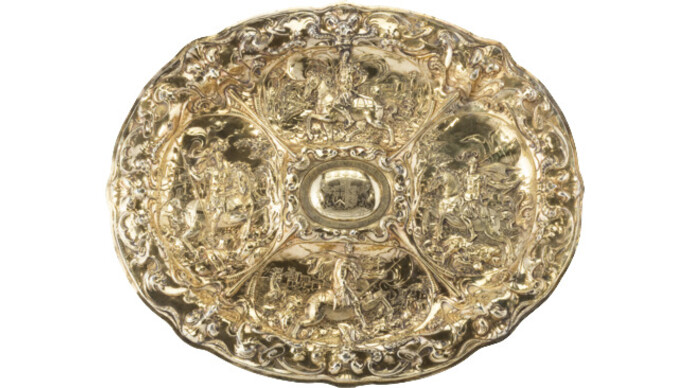 Hamburger Prunkbecken, Dirich Utermarke (1565-1649)1612-1617 Hamburg Silber, getrieben, ziseliert, graviert, punziert und feuerver gold et H 54 cm; B 65,5 cm