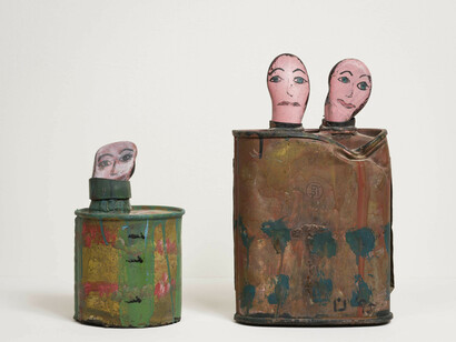 Nuha Al-Radi. Portrait of Zain Habboo. 1995.
Painted metal canister and rock, 10 × 6″ (25.4 × 15.2 cm). Collection Aysar Akrawi. Photo: Kris Graves
