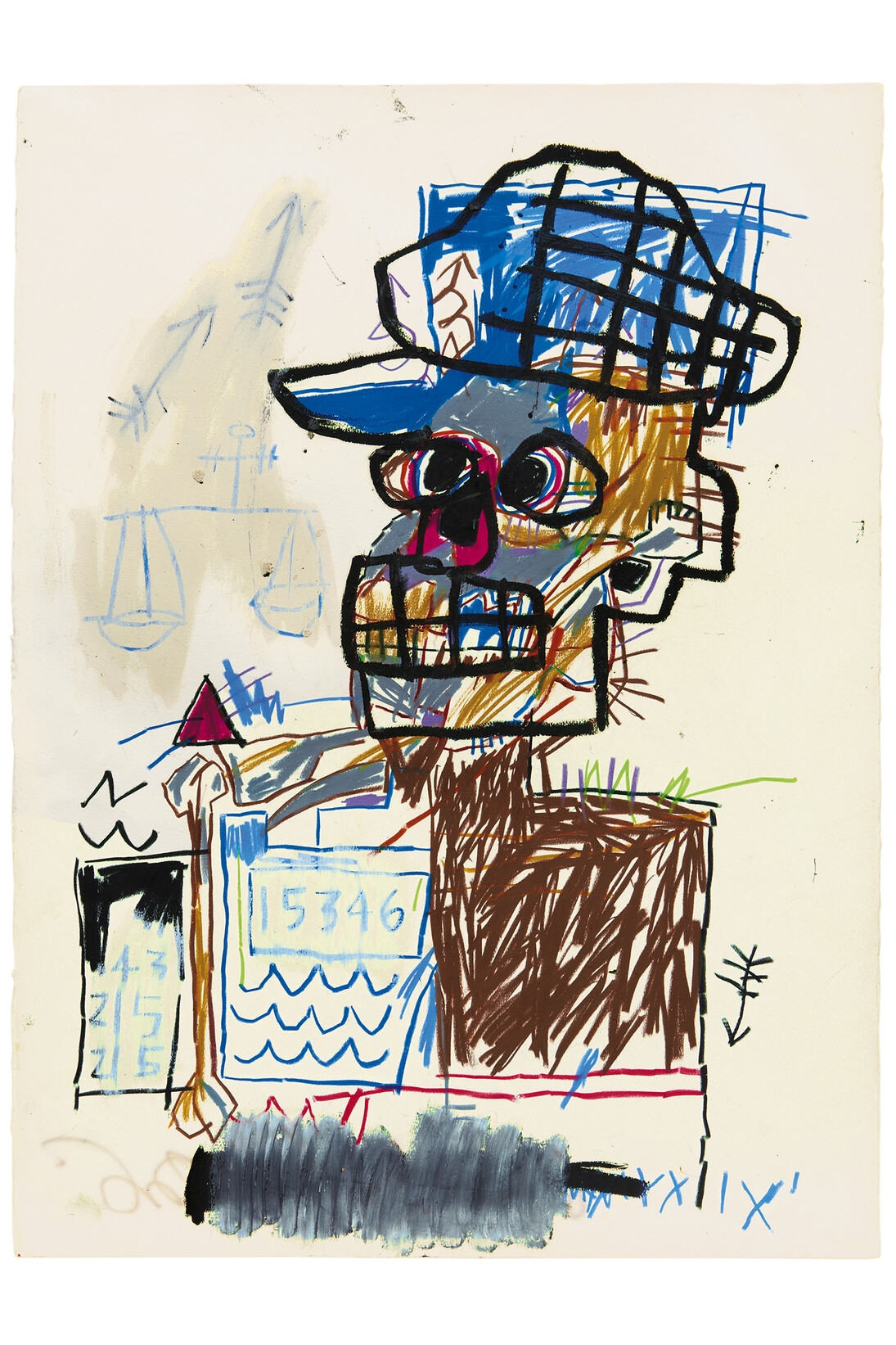 Jean-Michel Basquiat, Untitled (Scales of Justice), 1982, Acrylic and oilstick on paper 30 x 22 1/4 inches (76 x 56.5 cm), The Schorr Family Collection © The Estate of Jean-Michel Basquiat / ADAGP, Paris / ARS, New York 2014. Photo by Kent Pell 