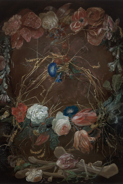 Nicole Duennebier, Vanitas with Weedy Arch (detail), 2021. Acrylic on panel, 76.20h x 60.96w cm, 30h x 24w in. Courtesy of Nicodim Gallery