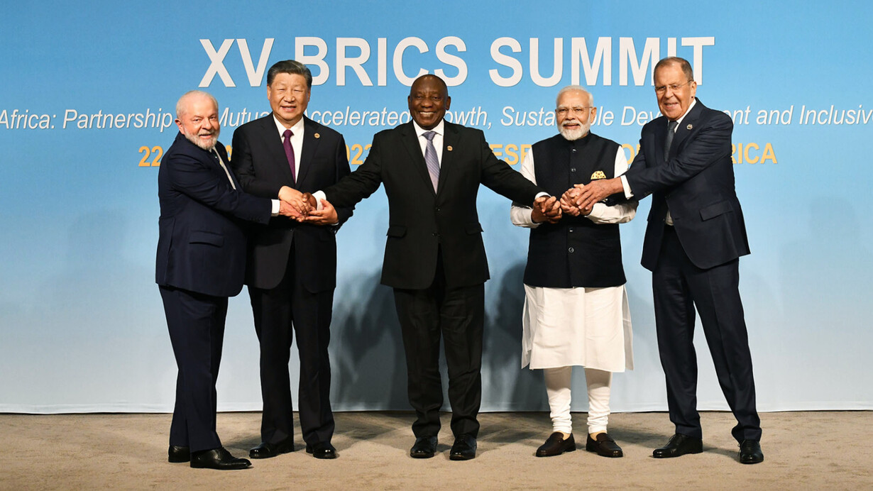 Leaders at the 15th annual BRICS summit including Brazilian President Luiz Inácio Lula da Silva, Chinese President Xi Jinping, South African President Cyril Ramaphosa, Indian Prime Minister Narendra Modi, and Russian Foreign Minister Sergei Lavrov, gather to discuss a new international economic framework that prioritises global justice and sustainability