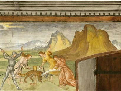 "Allegoria della Cupidigia". Uccisione del mostro. Vincenzo e Michele de Barberis, XVI secolo. Salone d'onore, Palazzo Besta, Teglio, Italia