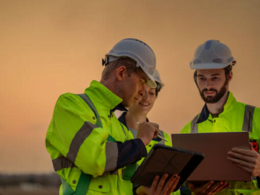 A team of engineers inspecting wind turbine construction at sunset, advancing clean energy and sustainability