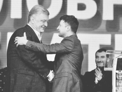 Petro Poroshenko and Volodymyr Zelenskyy 
after the presidential debate, Kyiv, Ukraine, 2019 
