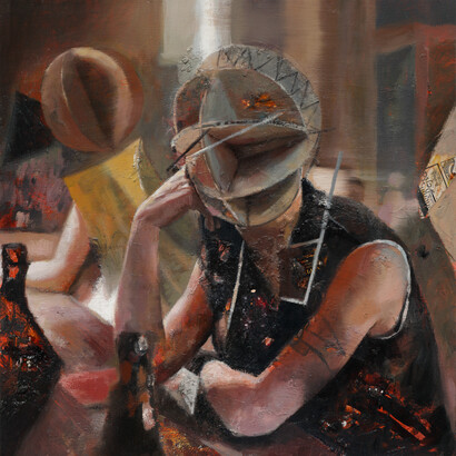 Daniel Pitín, Night Bar, 2023, mixed media on canvas, 22.05x21.64 inches. Courtesy the artist and Nicodim Gallery, NYC