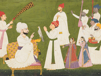 Raja Tedhi Singh of Kullu with attendants, visiting noblemen, dancers, and musicians (detail), circa 1750. Courtesy of Cincinnati Art Museum