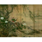 Kanō Utanosuke (attivo alla metà del XVI secolo), Uccelli e fiori delle quattro stagioni, Metà del XVI secolo (periodo Muromachi), Coppia di paraventi a sei ante, Inchiostro e colore su carta, cm 154,2 x 348,2 (ciascun paravento), Tōkyō kokuritsu hakubutsukan  (Museo Nazionale di Kyoto)
