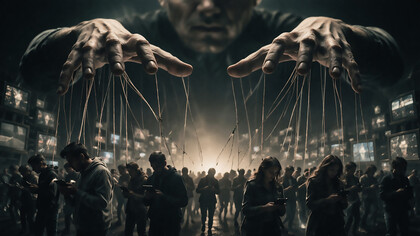 A silent architecture of control where unseen hands guide perception, and the crowd moves without ever realizing who is pulling the strings