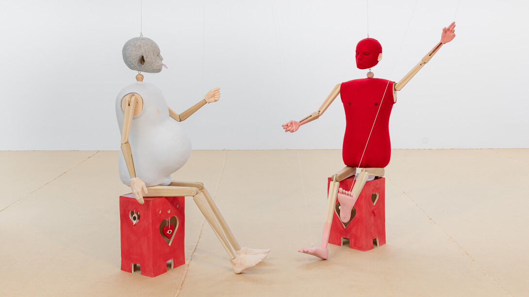 Jonathan Baldock, 'Eating feelings (a
conversation)', 2020. Wood, Styrofoam, felt,
bronze, glass, rose quartz and ceramic, 2 x
Marionettes each: 185 x 53 x 30cm (72 7/8 x 20 7/8
x 11 3/4in). 2 x Ceramic stools each: 51 x 33 x
28.5cm (20 1/8 x 13 x 11 1/4in). Copyright Jonathan
Baldock. Courtesy the artist and Stephen
Friedman Gallery, London. Photo by Erik Sæter
Jørgensen.