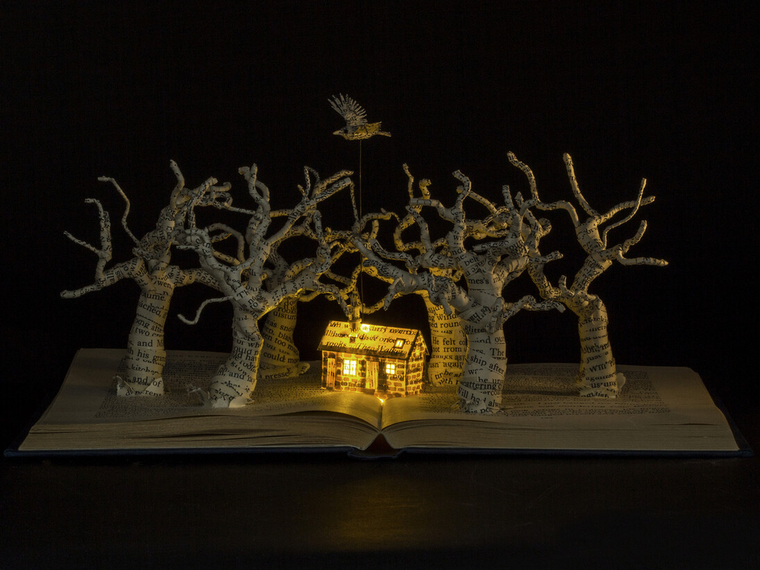 Su Blackwell, The Dark is Rising, 330mm w x 255mm h x 258mm d, Paper, book, lights, paper sculpture in glass and wood box
