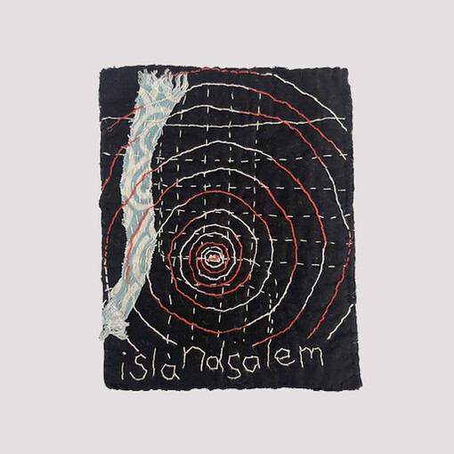 Bonnie Hull, Island Salem, 2023. Thread on found fabric, 9” x 7”. Courtesy of PDX Contemporary Art