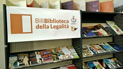 The BILL, Biblioteca della Legalità (Library of Legality) shelves with books and publications on the culture of legality and justice