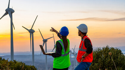 A team of young maintenance engineers works at a wind turbine farm at sunset, inspecting and maintaining the equipment