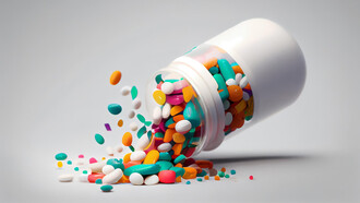 Medicine bottle spilling colorful pills 