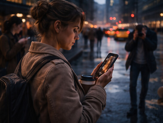 A woman watches a vertical drama on her phone while standing on a busy city street, reflecting how smartphone storytelling has become part of everyday life