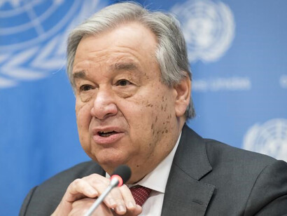 Secretary-General António Guterres addresses reporters in preparation for the 78th session of the United Nations General Assembly debate, captured in a photo by UN Photo/Manuel Elías