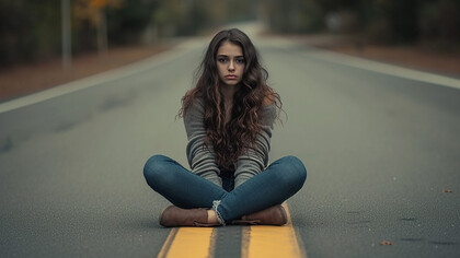 A portrait of a lonely, sad woman sitting on the side of the motorway, symbolizing isolation and emotional turmoil