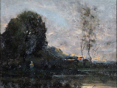 Jean Baptiste Camille Corot, Paesaggio, olio su tela, cm 15,2 x 18, 2