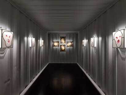 Five icons framed in edirne-style wooden ornamentation, exhibition view. Courtesy of Dirimart