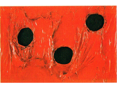 Alberto Burri, Rosso Plastica, 1968, plastica, acrilico, vinavil, combustione su cellotex, 51 x 75 cm, Courtesy Fondazione Burri and Mazzoleni London