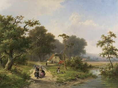 Damas elegantes caminando por un camino rural cerca de un patio de granja, Pieter Hendrik Koekkoek, pintada entre 1843 y 1927