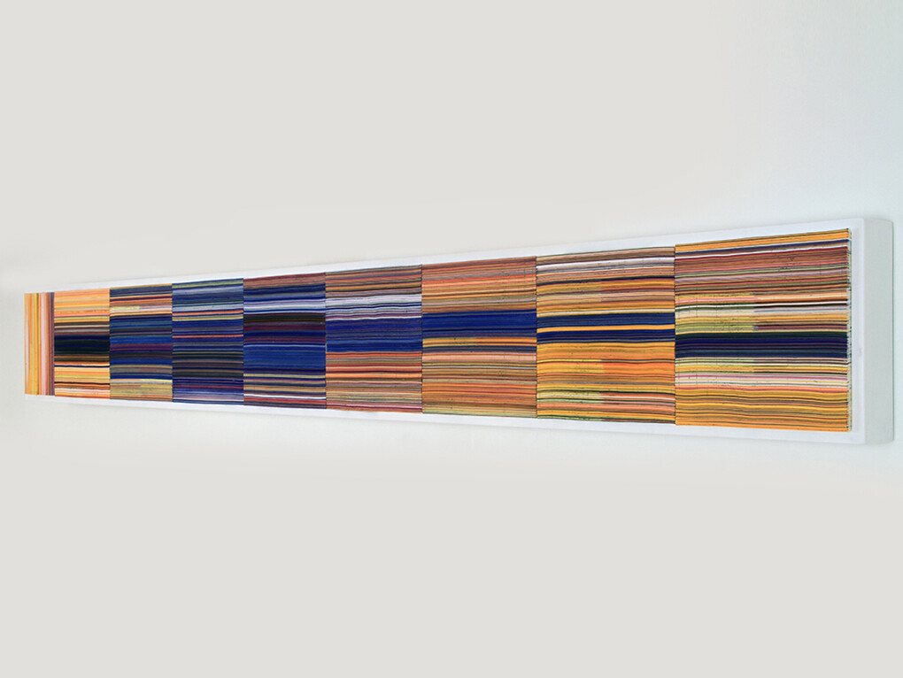 Hadieh Shafie, Stripe 2, 2014, Ink, acrylic and paper with printed and handwritten Farsi text Eshgh, ("Love/Passion"), 11 x 68 in