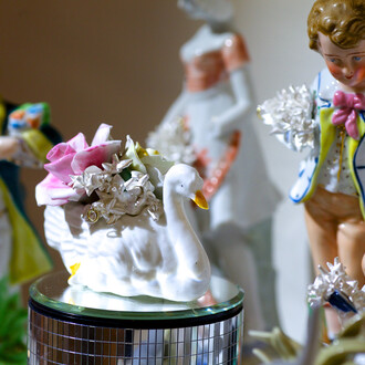 Installation view of figures with silver pendants by Maria Milisti, 'Second Hand, First Hand' at Marsden Woo Gallery (2015) image © Philip Sayer, courtesy of Marsden Woo Gallery
