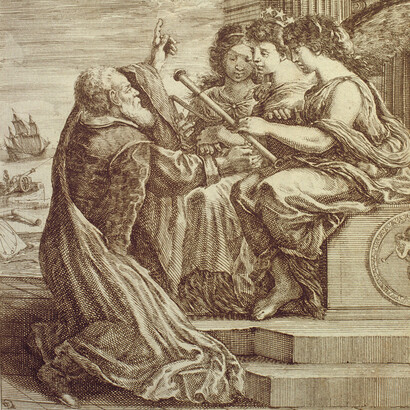 Galileu indicando o conjunto dos satélites naturais de Júpiter por ele descobertos em 1610 e que empregou para o estudo do calculo da longitude em mar. Em *Opere di Galileo Galilei*, Bologna, per gli hh. del Dozza, 1656,  tomo I, antiporta (pormenor)



