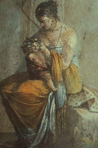 Affresco da Villa Farnesina (Roma, Italia), raffigurante una ninfa che si prende cura del piccolo Dioniso, particolare